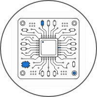 Technical line drawing of a printed circuit board (PCB) with a central microchip for electronics applications.