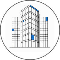 Minimalist line drawing of a modern glass curtain wall building used in construction applications.