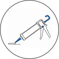 Line drawing of a caulk gun dispensing a bead of adhesive for industrial sealing applications.