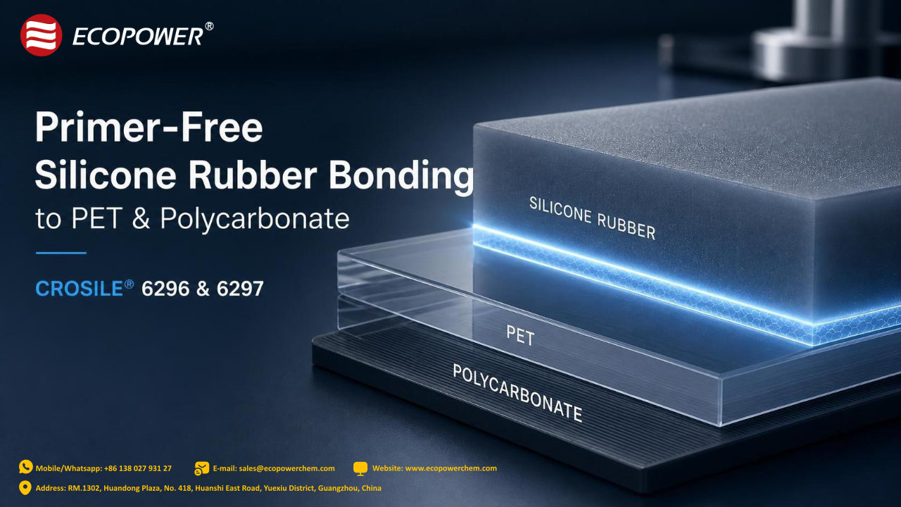 Silicone rubber adhesion promoters Crosile 6296 and 6297 for PET, PC and PA bonding applications. Silicone rubber adhesion promoters Crosile 6296 and 6297 for PET, PC and PA bonding applications.